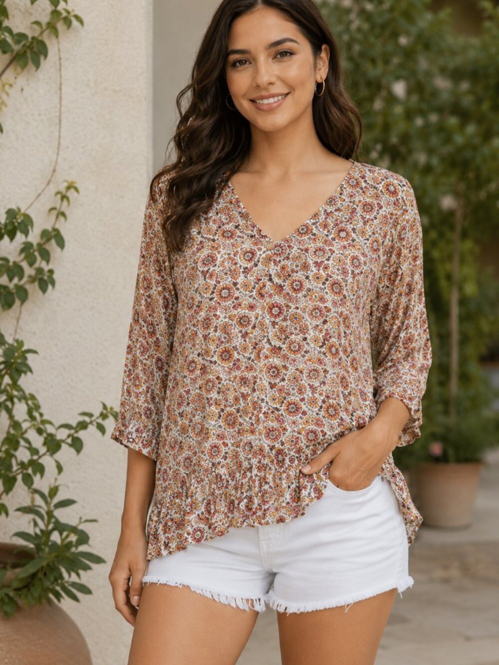 Rose & Thyme Floral Blouse M | Boho V Neck Flowy Ruffle Peasant Top Half Sleeve
